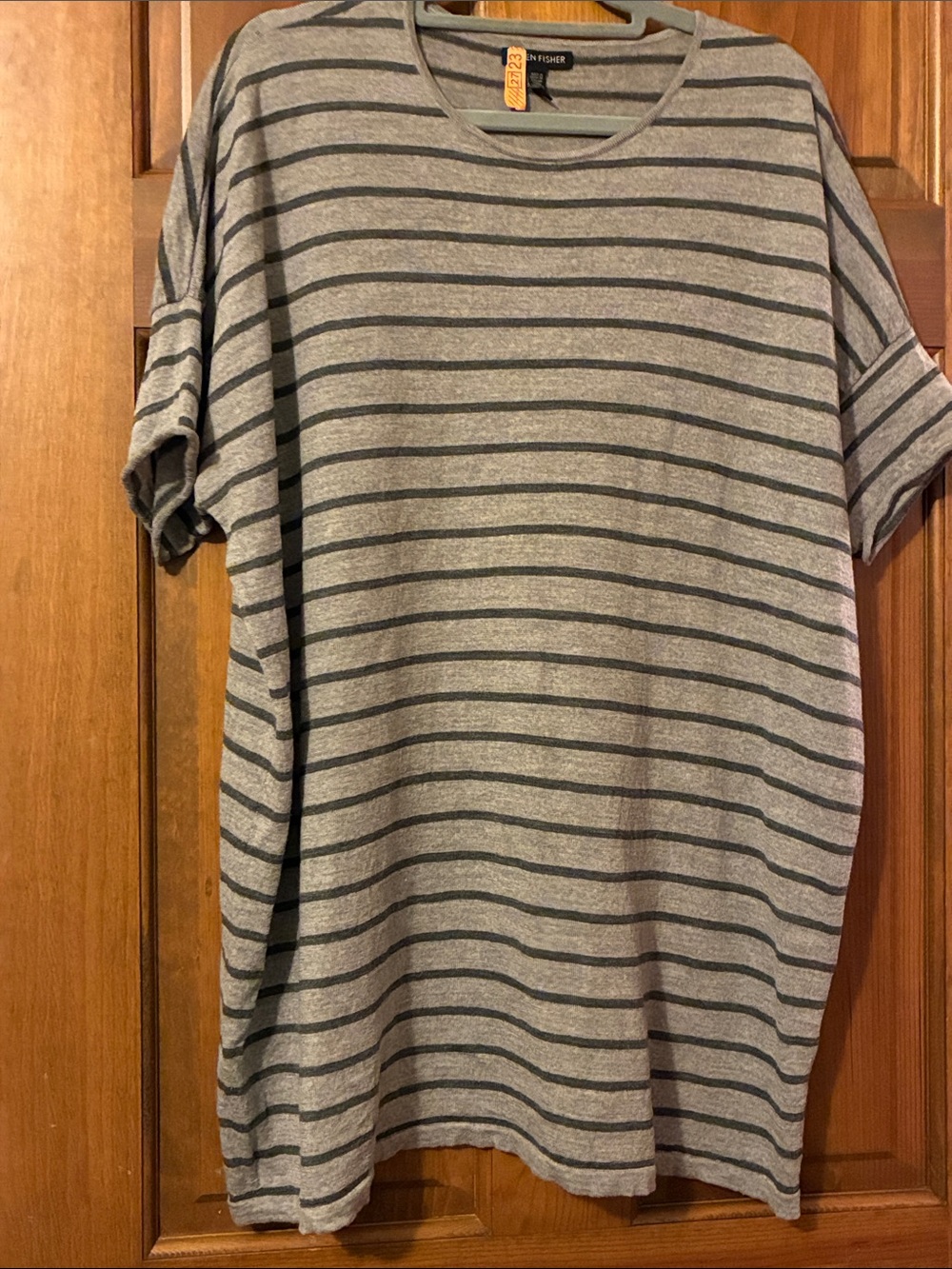 Eileen Fisher Oversized Gray Heather Crewneck Top with Dark Gray Stripes